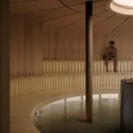Circular sauna at Recess social wellness club in Montreal, designed by Future Simple Studio.