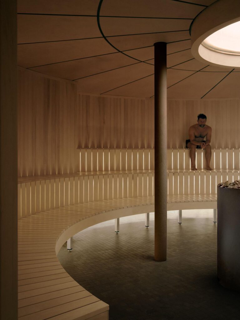 Circular sauna at Recess social wellness club in Montreal, designed by Future Simple Studio.