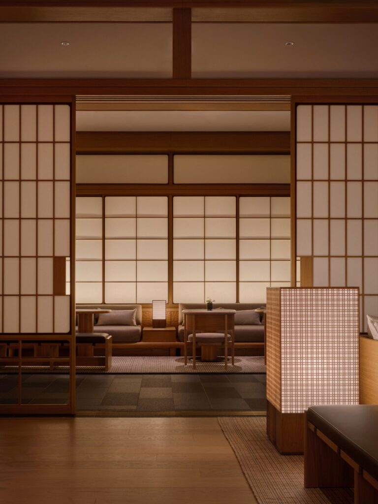 Interior view of Capella Kyoto, designed by Kengo Kuma and Associates with Brewin Design Office, in Miyagawa-cho.