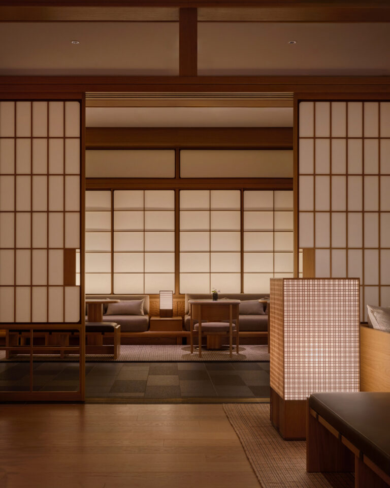 Interior view of Capella Kyoto, designed by Kengo Kuma and Associates with Brewin Design Office, in Miyagawa-cho.