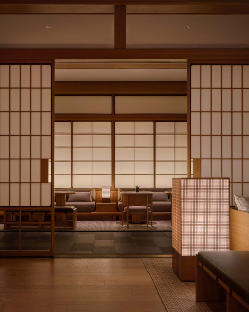 Interior view of Capella Kyoto, designed by Kengo Kuma and Associates with Brewin Design Office, in Miyagawa-cho.