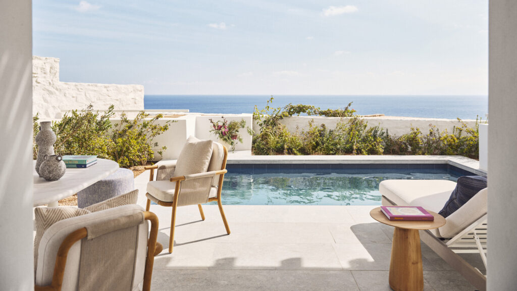 Private pool terrace overlooking the Aegean Sea at Four Seasons Hotel Mykonos in Greece