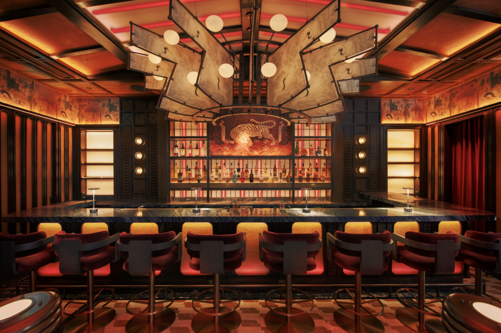 Tiger mural and crane-panel chandelier above the marble bar at SoolHaus, Canopy Bangkok Sukhumvit.