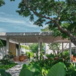 Open-air lobby at The Standard, Hua Hin, Thailand, framed by a preserved mature tree and lush tropical landscaping designed by Shma.