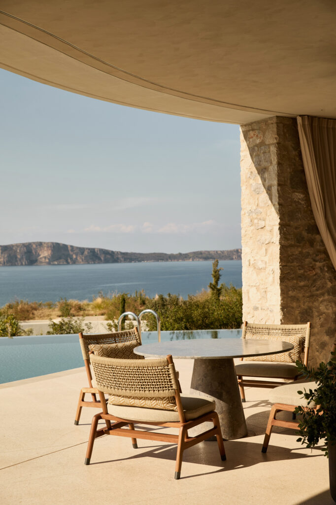 Villa terrace with a private infinity pool overlooking the bay of Navarino at Mandarin Oriental, Costa Navarino, Greece.